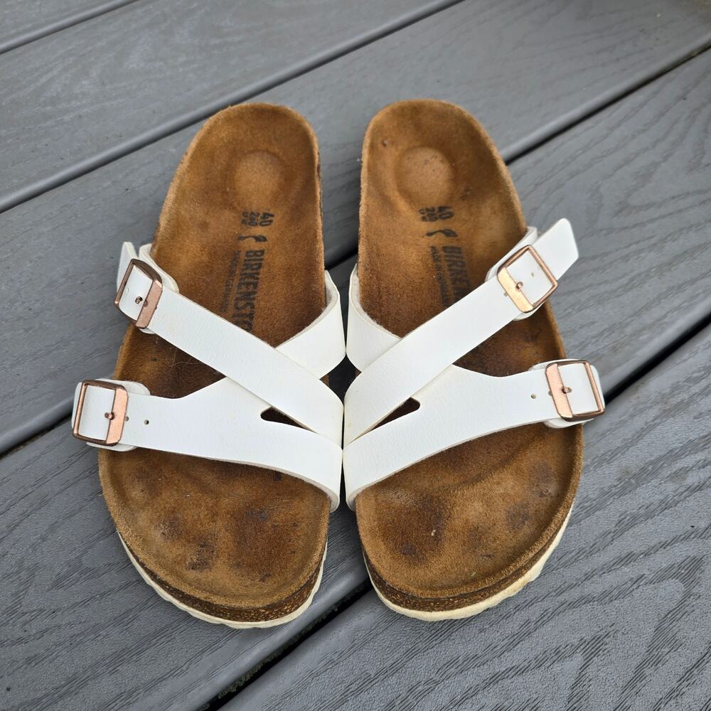 Birkenstock Women's White Yao Sandals with Rose Gold Buckles, Size 9 - 9.5